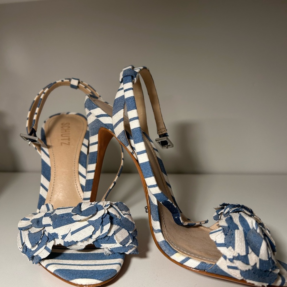 SCHUTZ Blue and White Striped Women's Heels